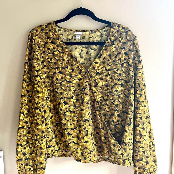 XXL A New Day Yellow Black Floral Long-Sleeve Wrap top - Picture 2 of 10